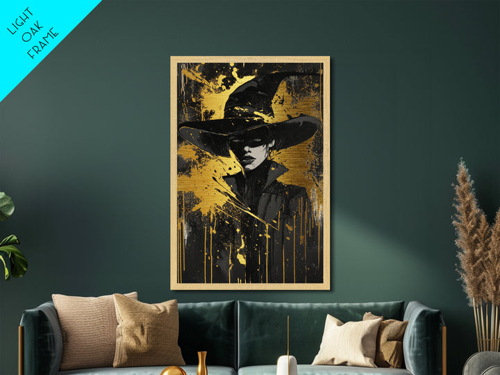 Witch Hat Portrait Metallic Gold Art, Creepy Halloween Metal Art in Wooden Frame, Gothic Spooky Season Witchy Wall Artwork