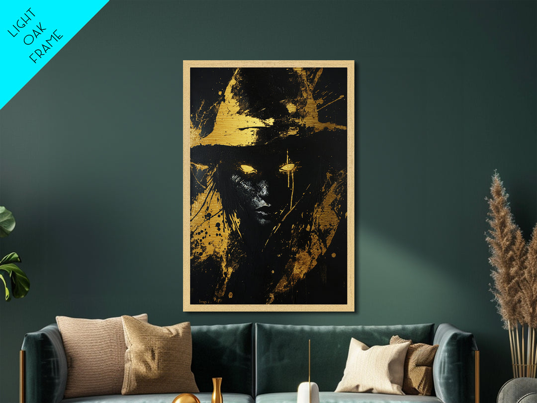 Glowing Eyes Witch Metallic Gold Art, Spooky Haunted Metal Art with Real Wood Frame, Gothic Halloween Season Wall Hanging