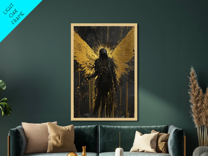 Dark Angel Metallic Gold Art, Gothic Winged Metal Art Wall Decor in Natural Wood Frame, Spooky Halloween Season Wall Artwork
