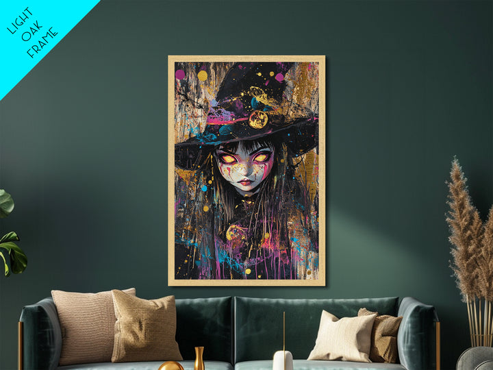 Gothic Witch Portrait with Glowing Eyes | Creepy Halloween Metallic Gold Art, Metal Art, Natural Wood Frame Witchy Wall Art