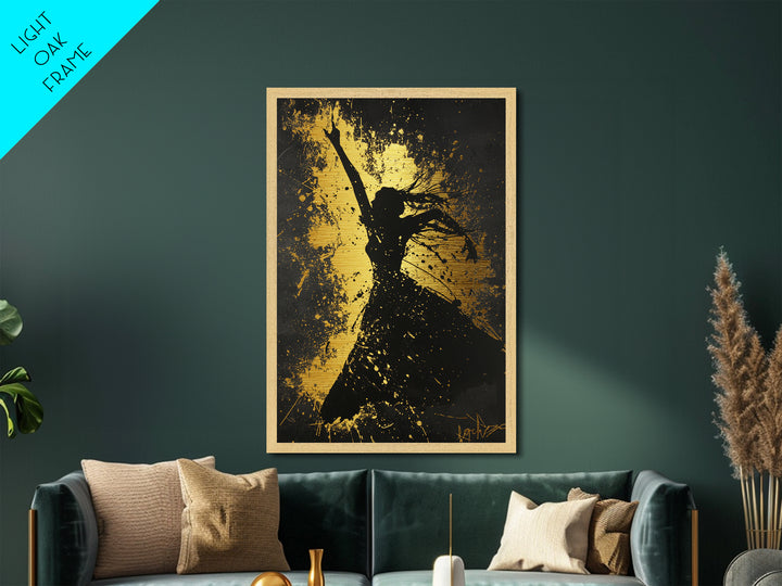 Dancing Silhouette Gothic Spirit, Spooky Splatter Metallic Gold Art, Halloween Horror Metal Art framed in natural wood