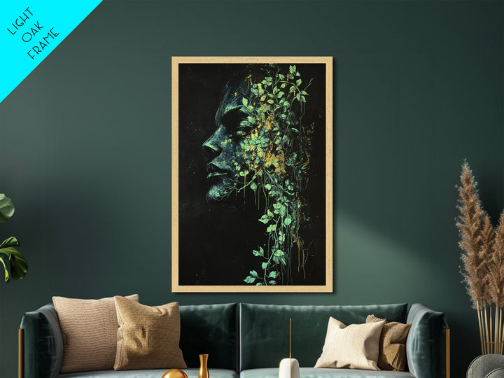 Creepy Botanical Face with Ivy Growth | Gothic Horror Metallic Gold Art, Metal Art, Halloween Nature Spirit Artwork in Wood Frame