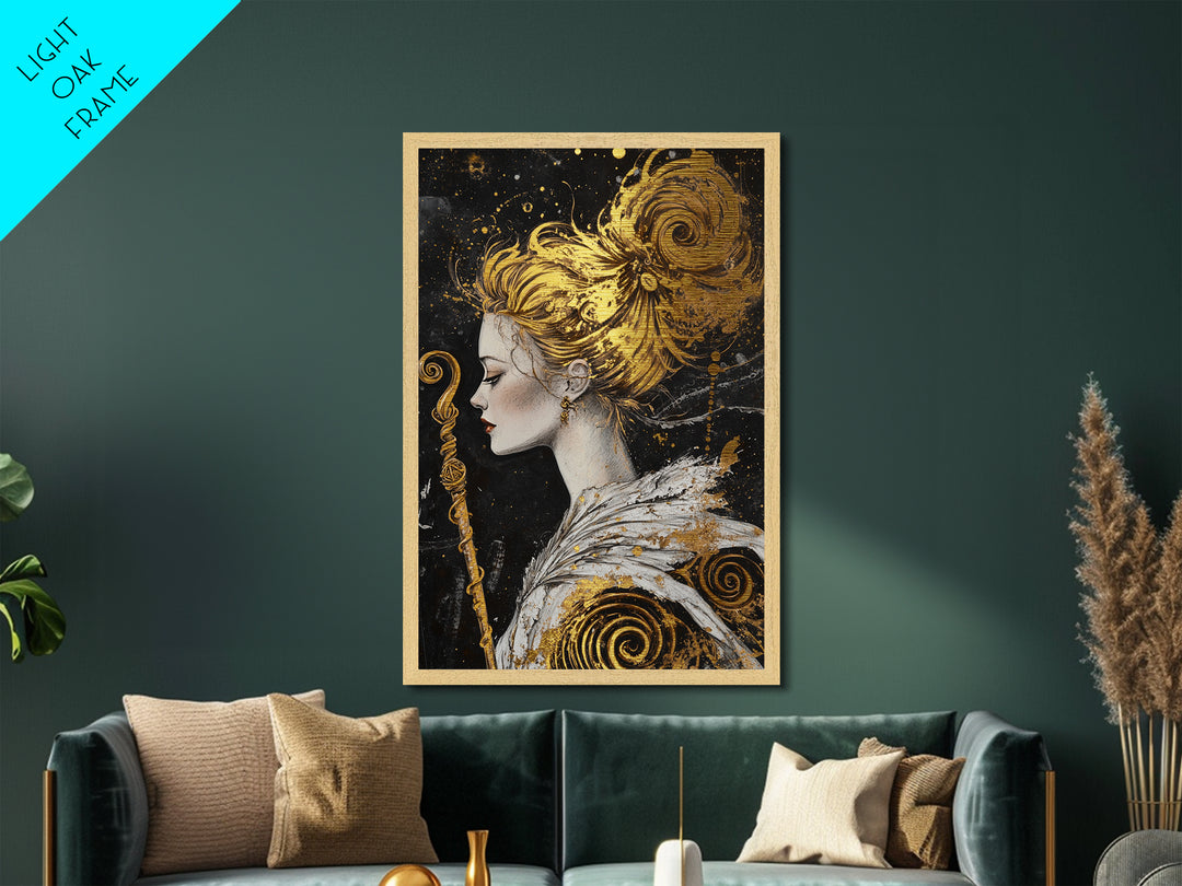 Golden Haired Enchantress with Staff | Witchy Halloween Metallic Gold Art, Metal Art, Mystical Fantasy Portrait in Natural Wood Frame