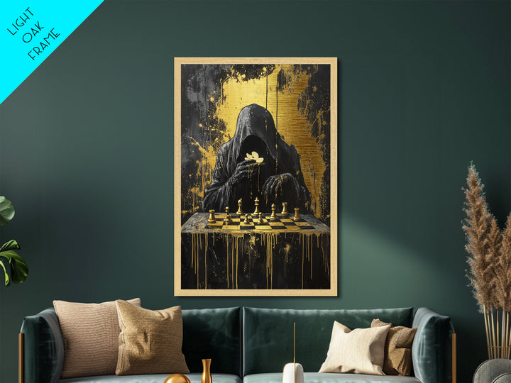 Grim Reaper Playing Chess | Spooky Season Halloween Metallic Gold Art, Metal Art, Gothic Horror Wall Decor in Wood Frame Design