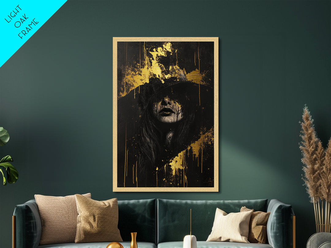 Witch in Shadow with Golden Drips | Creepy Halloween Metallic Gold Art, Metal Art, Haunted Gothic Portrait Framed in Real Wood