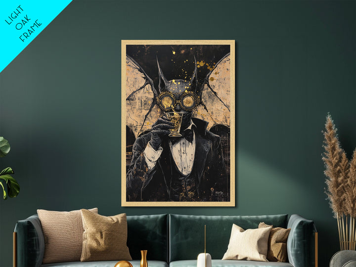 Steampunk Bat Gentleman with Drink | Gothic Halloween Metallic Gold Art, Metal Art, Spooky Vampiric Decor with Natural Wood Frame