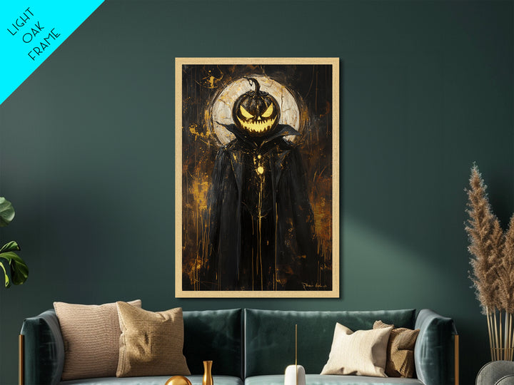 Pumpkin Head Halloween Wall Art, Metallic Gold Art Metal Art, Gothic Spooky Portrait Framed in Natural Real Wood