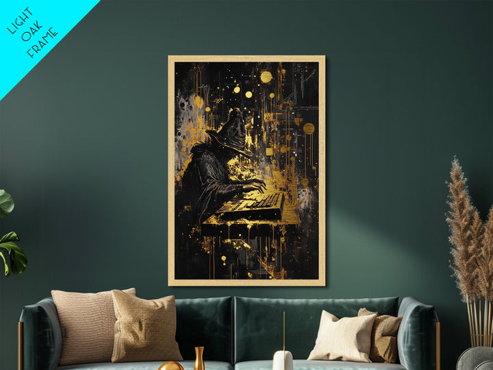 Witch Hacker Spooky Season Wall Decor, Metallic Gold Art Metal Art, Creepy Haunted Painting with Real Wood Frame