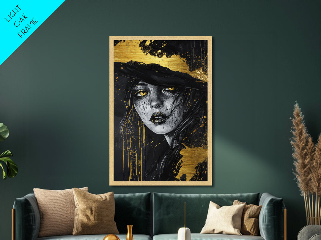 Witchy Woman Portrait, Metallic Gold Art Metal Art, Gothic Halloween Wall Decor in Real Wood Frame for Spooky Season