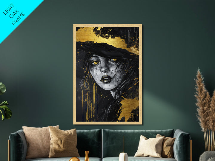 Witchy Woman Portrait, Metallic Gold Art Metal Art, Gothic Halloween Wall Decor in Real Wood Frame for Spooky Season