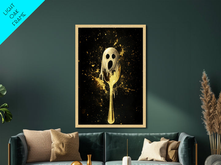 Haunted Ghostly Spoon Design, Creepy Metallic Gold Art Kitchen Horror, Spooky Season Metal Art framed with real wood