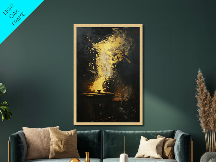Haunted Fireplace Halloween Decor, Metallic Gold Art Metal Art, Dark Spooky Horror Wall Art with Real Wood Framing