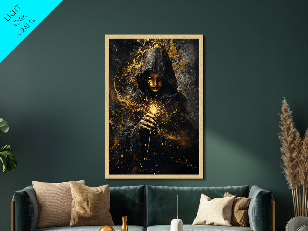 Mystical Hooded Sorceress, Metallic Gold Art Metal Art, Spooky Season Gothic Halloween Wall Art with Wood Frame