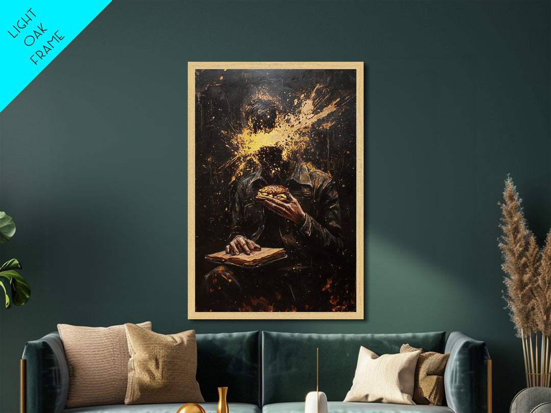 Haunted Horror Burger Painting, Metallic Gold Art Metal Art, Creepy Halloween Gothic Wall Decor with Real Wood Frame