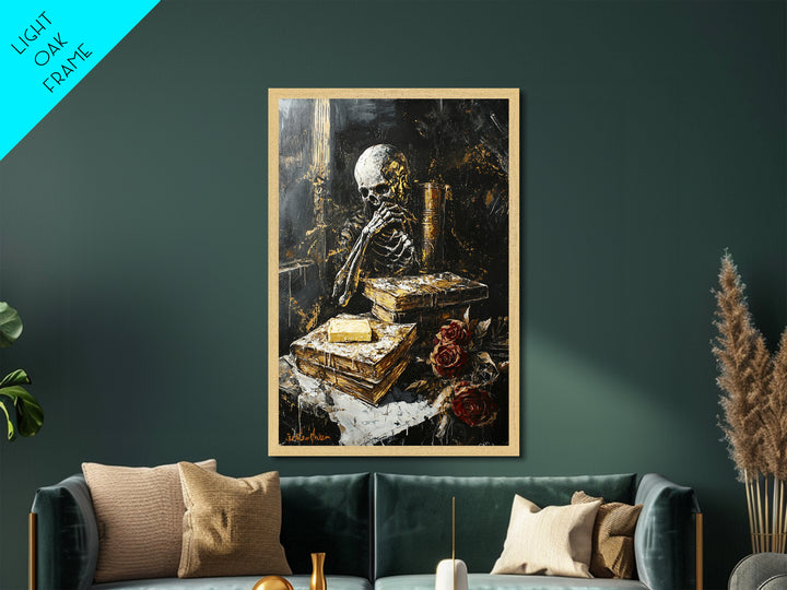 Skeleton Reading Gothic Books, Metallic Gold Art Metal Art, Haunted Spooky Season Halloween Artwork in Solid Wood Frame