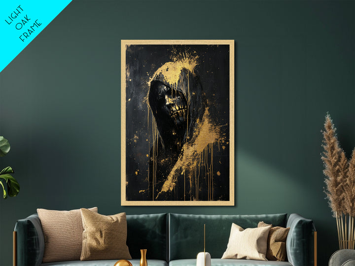 Creepy Hooded Horror Portrait Metallic Gold Art Halloween Metal Art Framed in Natural Wood | Gothic Scary Wall Hanging