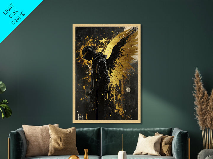 Dark Angel with Golden Wings Metallic Gold Art Gothic Metal Art | Spooky Season Decor Framed in Natural Wood