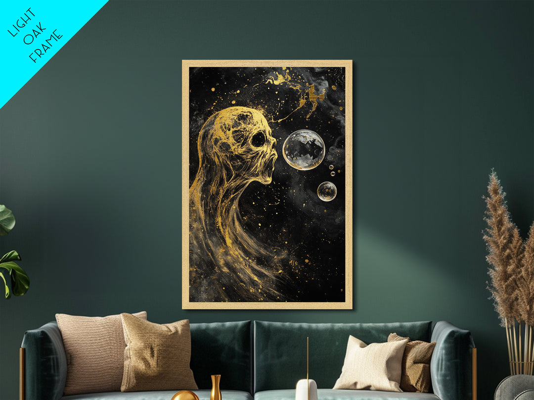 Ethereal Spirit Blowing Bubbles Metallic Gold Art Creepy Halloween Metal Art | Haunted Gothic Wall Art in Wood Frame