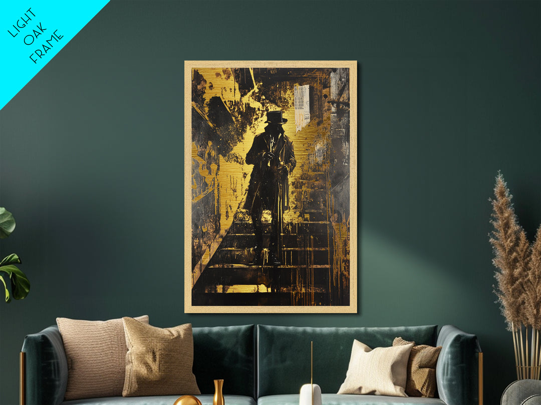Victorian Gentleman on Stairs Metallic Gold Art Gothic Horror Metal Art | Spooky Halloween Wall Decor with Real Wood Frame