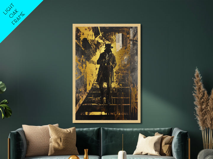 Victorian Gentleman on Stairs Metallic Gold Art Gothic Horror Metal Art | Spooky Halloween Wall Decor with Real Wood Frame