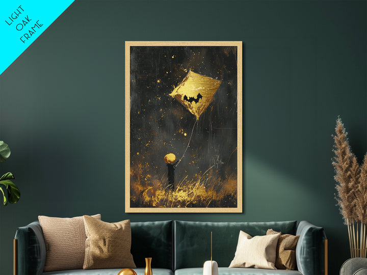 Pumpkin Head Kite Flying Metallic Gold Art Whimsical Halloween Metal Art | Cute Spooky Wall Hanging Framed in Real Wood