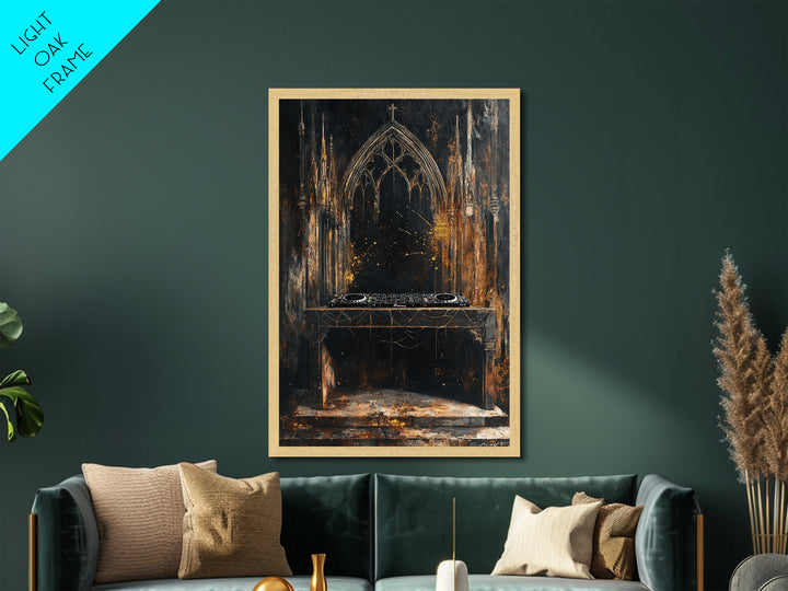 Haunted Cathedral DJ Booth Metallic Gold Art Gothic Metal Art | Creepy Church Halloween Wall Decor in Natural Wood Frame