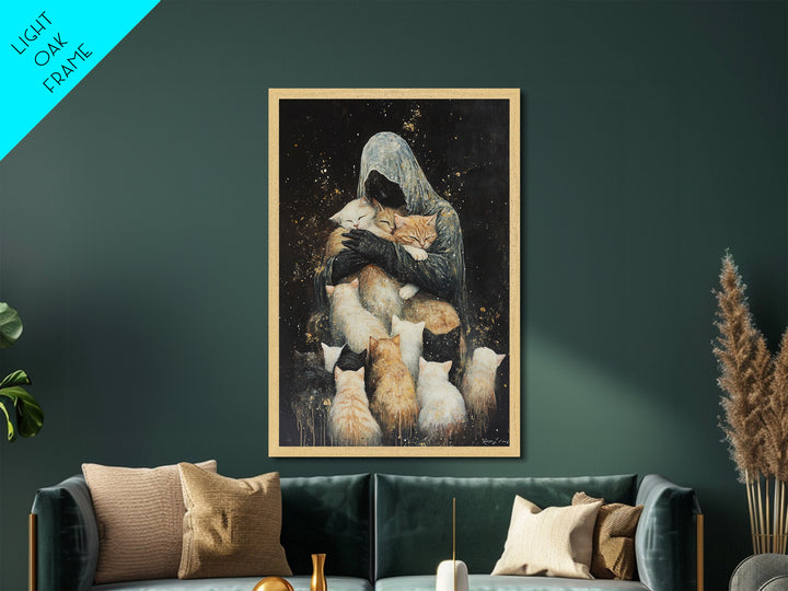 Grim Reaper with Cats Metallic Gold Art Whimsical Metal Art | Spooky Season Gothic Wall Art in Real Wood Frame