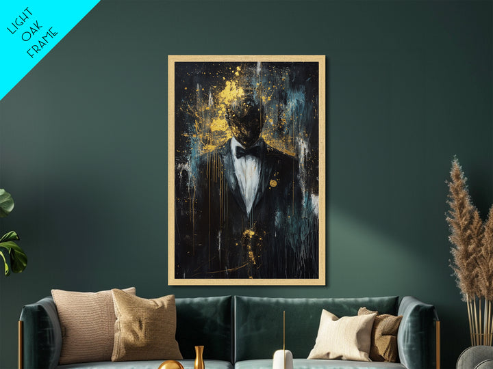 Spooky Gentleman in Tuxedo Metallic Gold Art, Gothic Haunted Portrait Metal Art with Real Wood Frame for Halloween Wall Decor