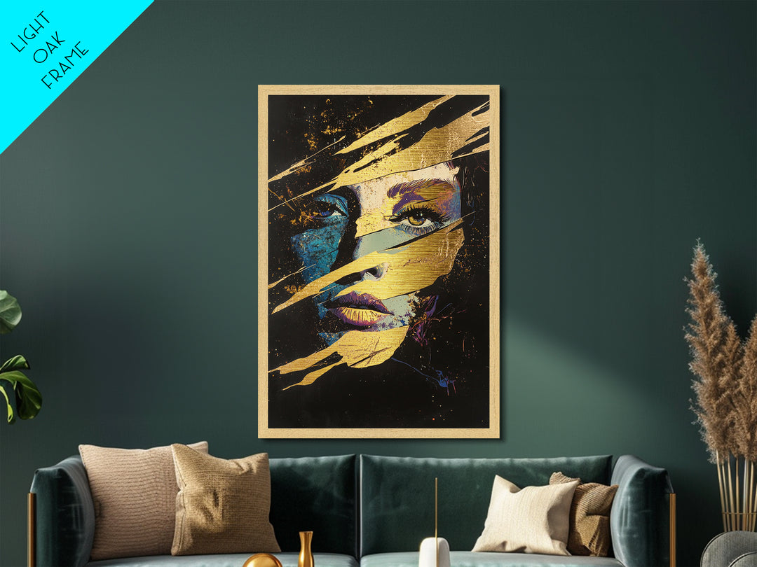 Witchy Woman Masked Portrait Metallic Gold Art, Spooky Season Horror Face Metal Art Framed in Natural Wood for Gothic Home