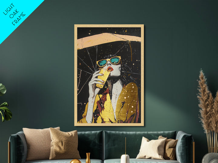 Retro Witchy Woman Drinking Metallic Gold Art, Spooky Season Metal Art with Real Wood Frame, Gothic Halloween Wall Accent