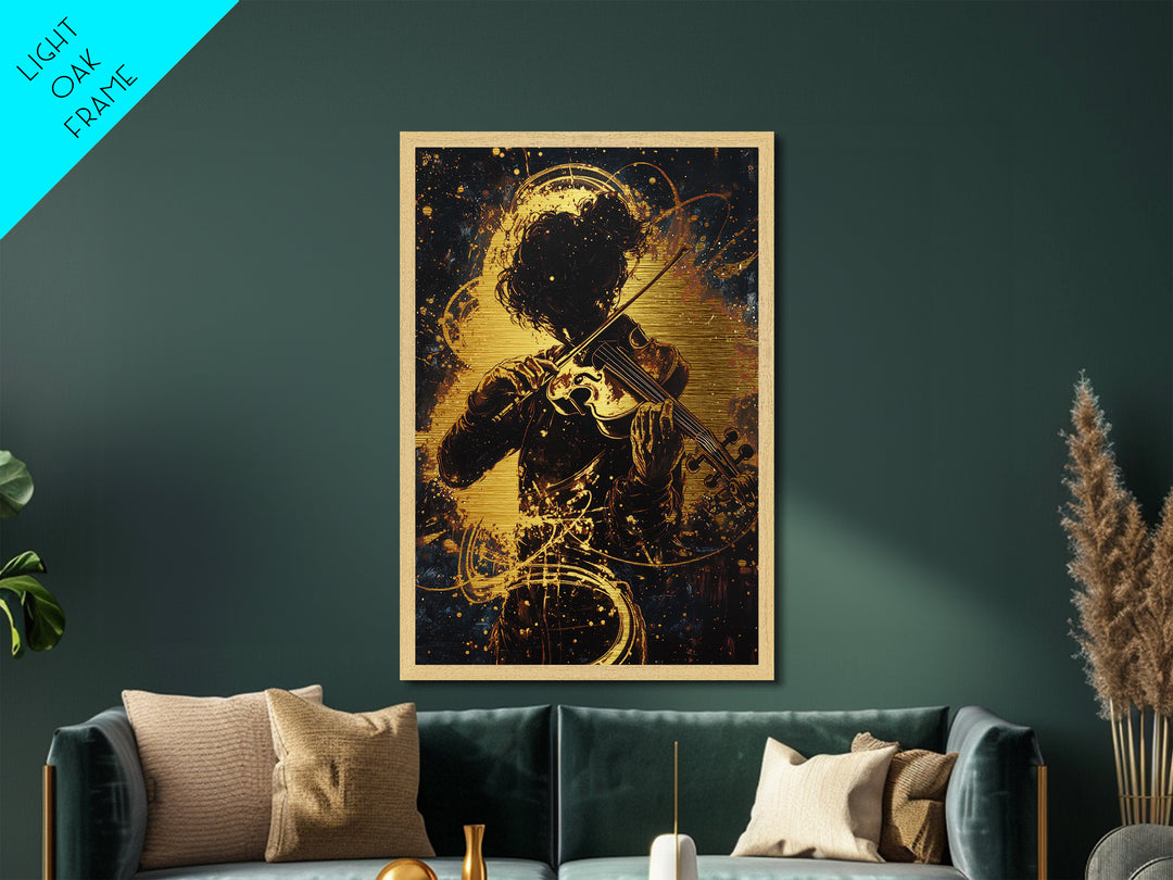 Violinist in Shadows Metallic Gold Art, Spooky Haunted Musician Metal Art Framed in Real Wood, Gothic Halloween Wall Hanging