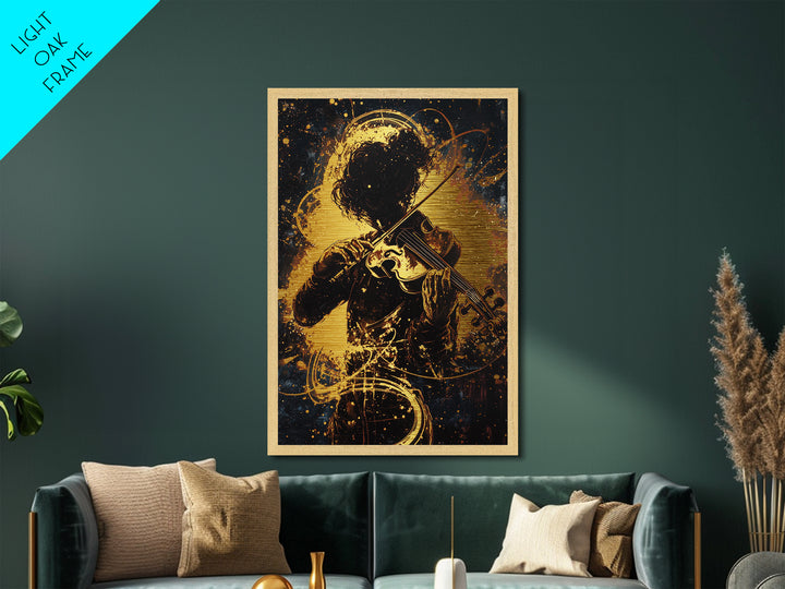 Violinist in Shadows Metallic Gold Art, Spooky Haunted Musician Metal Art Framed in Real Wood, Gothic Halloween Wall Hanging