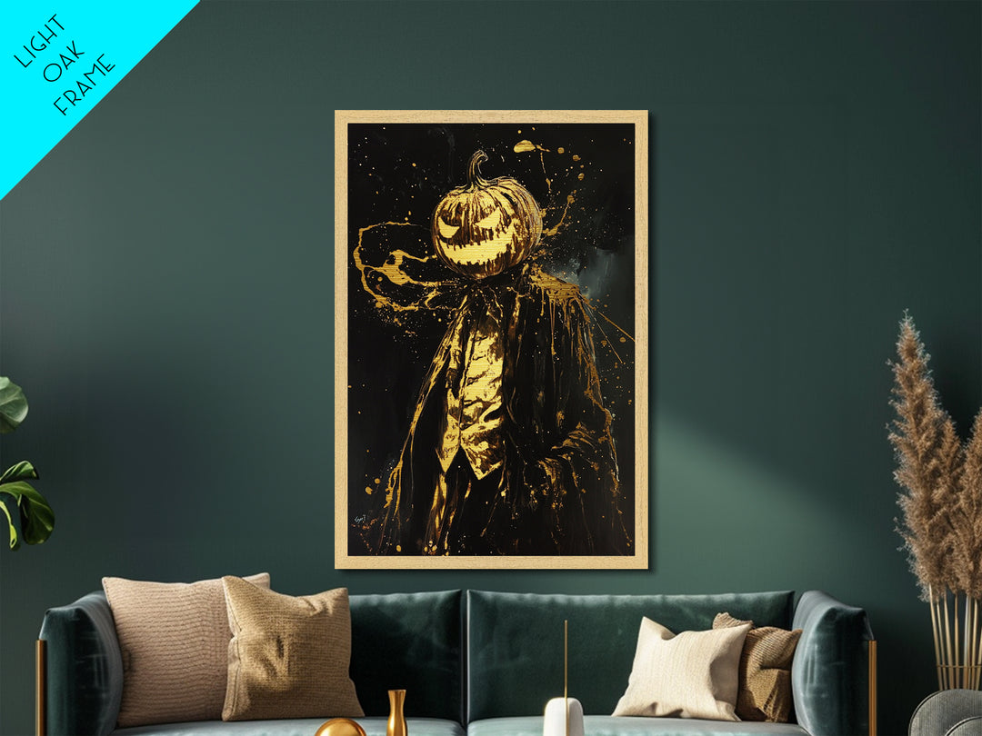 Pumpkin Head Horror Portrait Metallic Gold Art, Creepy Haunted Jack O Lantern Metal Art Framed with Real Wood for Halloween