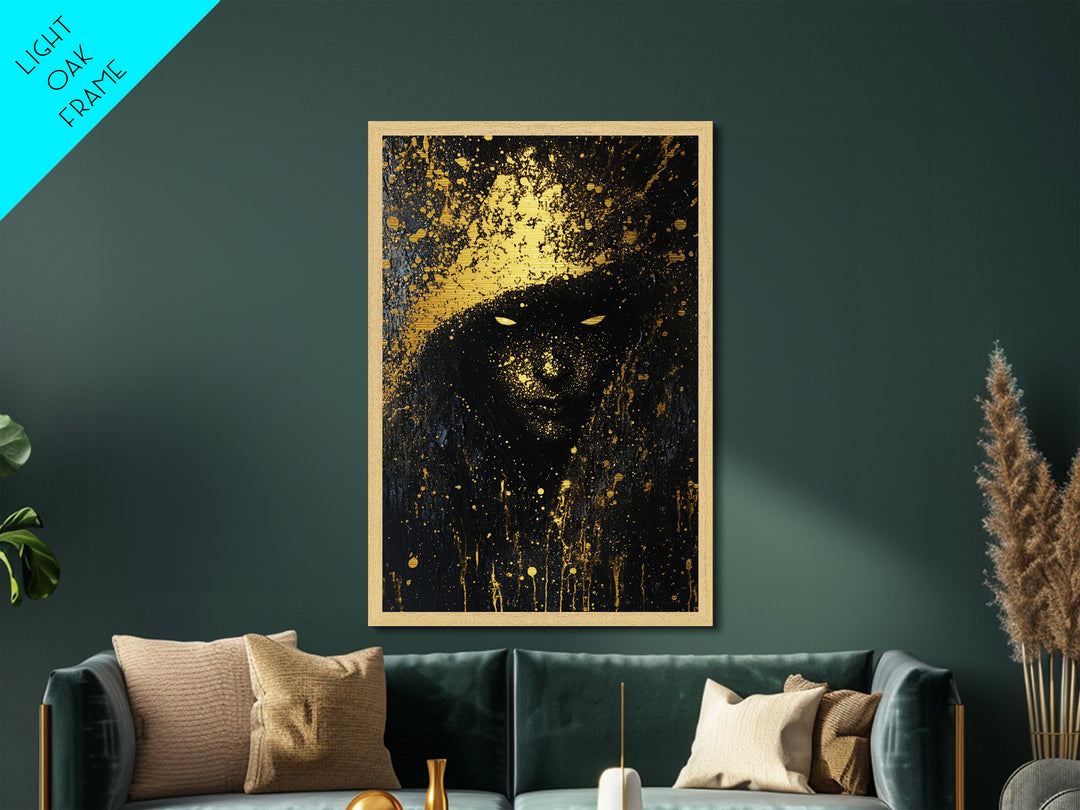 Eerie Shadow Figure Metallic Gold Art, Spooky Horror Season Haunted Eyes Metal Art with Real Wood Frame for Gothic Wall Decor