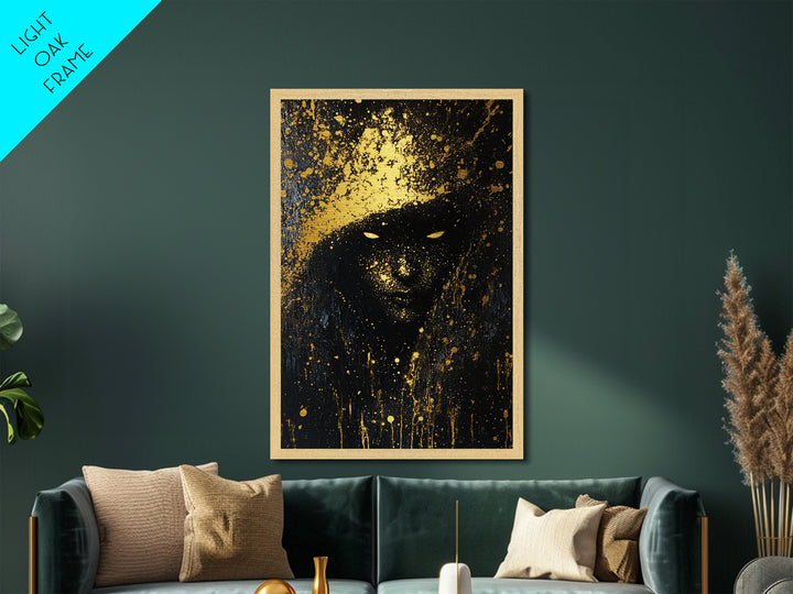 Eerie Shadow Figure Metallic Gold Art, Spooky Horror Season Haunted Eyes Metal Art with Real Wood Frame for Gothic Wall Decor
