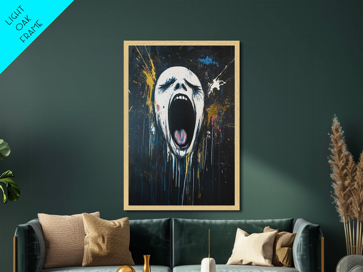 Screaming Horror Face Metallic Gold Art, Creepy Haunted Expressionist Metal Art Framed in Real Wood, Halloween Spooky Accent