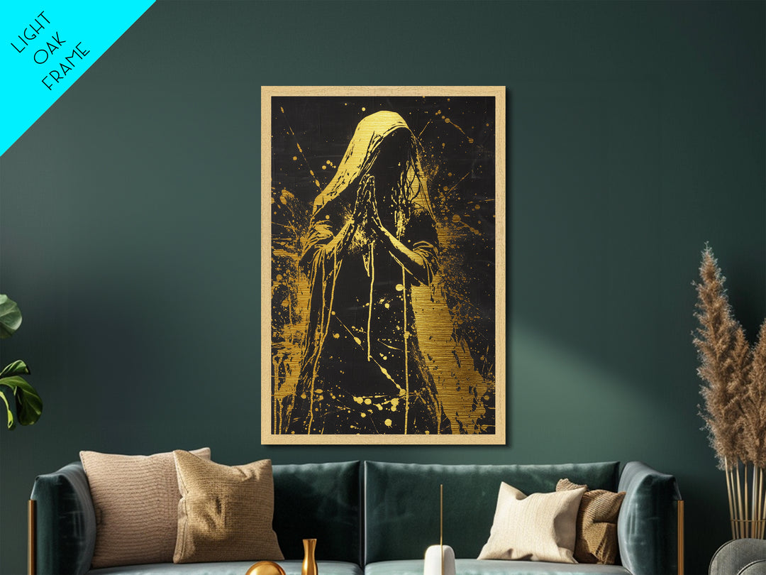 Dark Sacred Prayer Gothic Wall Hanging | Metallic Gold Art, Metal Art | Spooky Halloween Decor Framed in Natural Real Wood