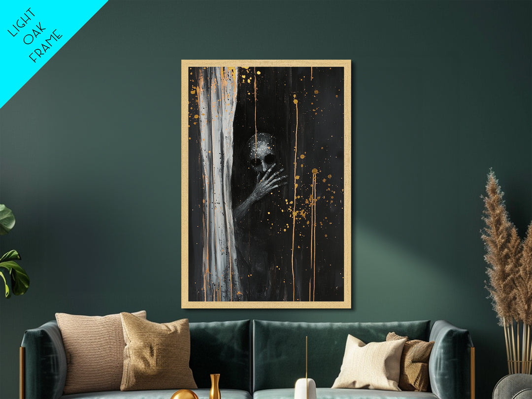 Creepy Skull Behind Curtain | Metallic Gold Art + Metal Art | Haunted Gothic Wall Decor, Real Wood Frame for Halloween Vibes