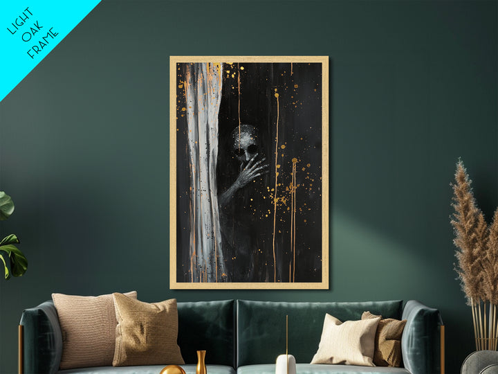 Creepy Skull Behind Curtain | Metallic Gold Art + Metal Art | Haunted Gothic Wall Decor, Real Wood Frame for Halloween Vibes