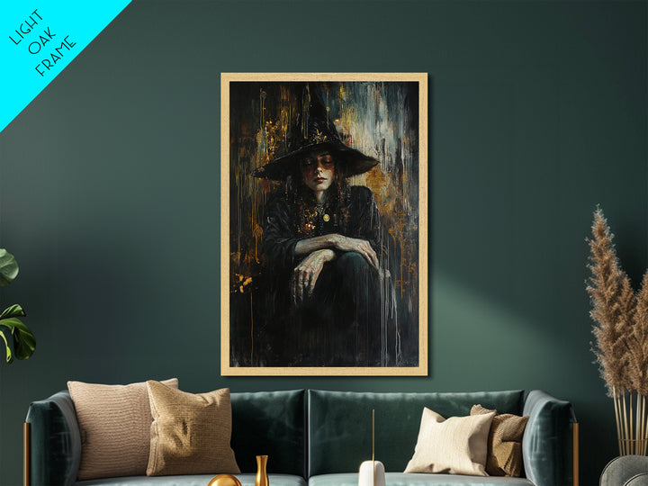 Witch in Shadows Gothic Portrait | Metallic Gold Art | Witchy Halloween Metal Art, Real Wood Frame for Spooky Wall Hanging
