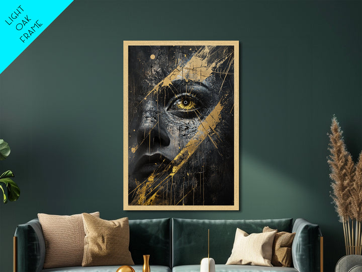 Golden Eye Haunted Portrait | Metallic Gold Art & Metal Art | Gothic Spooky Wall Decor, Real Wood Framed Halloween Artwork