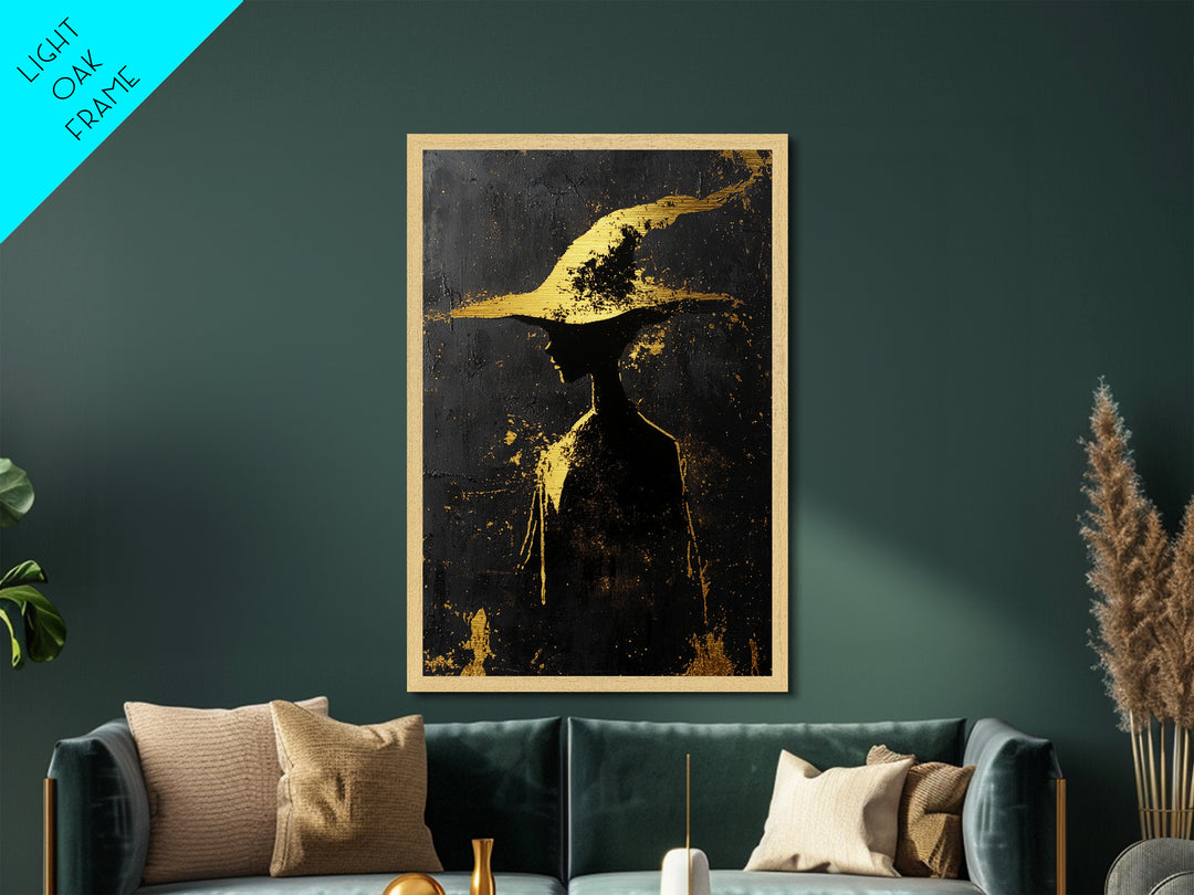Witch Hat Silhouette Spooky Decor | Metallic Gold Art + Metal Art | Gothic Halloween Wall Hanging in Real Wood Frame
