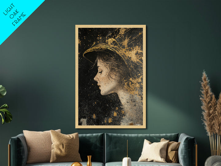 Enchanted Witch Profile Portrait | Metallic Gold Art & Metal Art | Elegant Spooky Season Decor, Framed in Real Natural Wood
