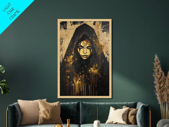 Cursed Priestess Gothic Portrait | Metallic Gold Art | Spooky Season Metal Art Decor, Real Wood Frame for Haunted Wall Art