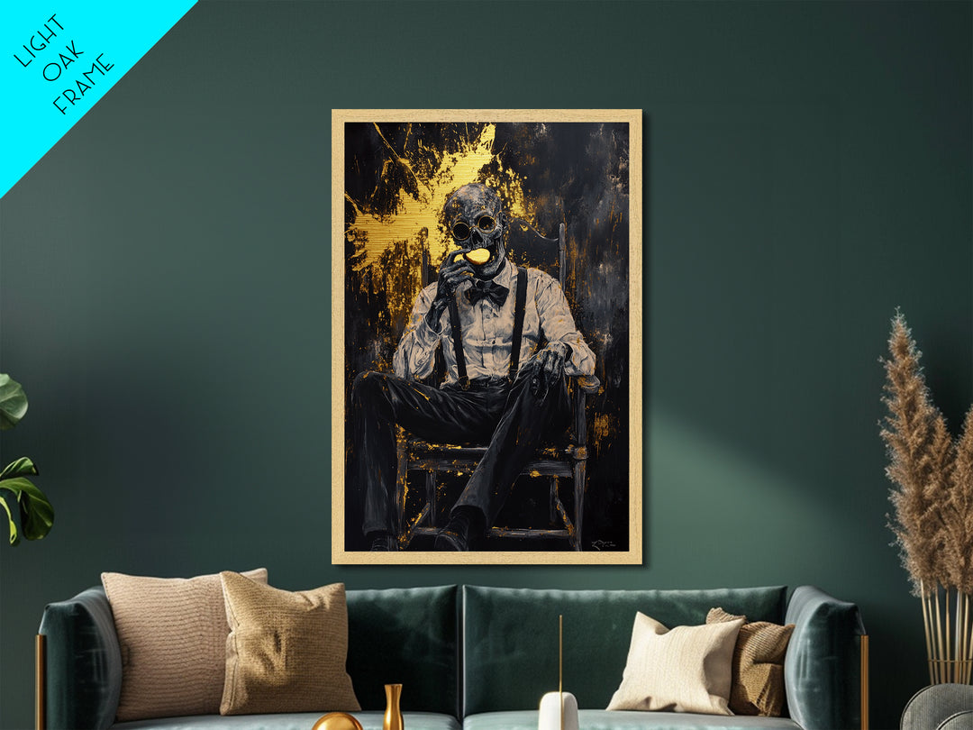 Skeleton Gentleman Gothic Wall Decor | Metallic Gold Art + Metal Art | Creepy Halloween Artwork, Real Wood Frame Display
