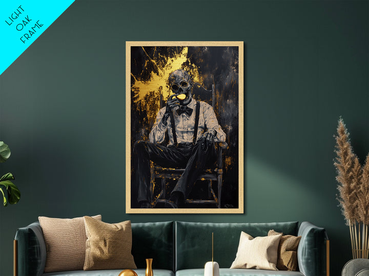Skeleton Gentleman Gothic Wall Decor | Metallic Gold Art + Metal Art | Creepy Halloween Artwork, Real Wood Frame Display