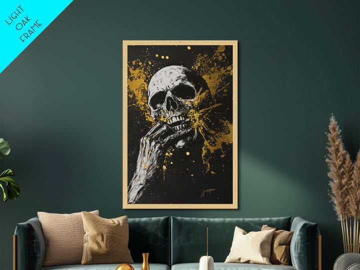 Haunted Skull Metallic Gold Art, Creepy Horror Skeleton Metal Art with Gothic Splatter Style, framed in natural real wood