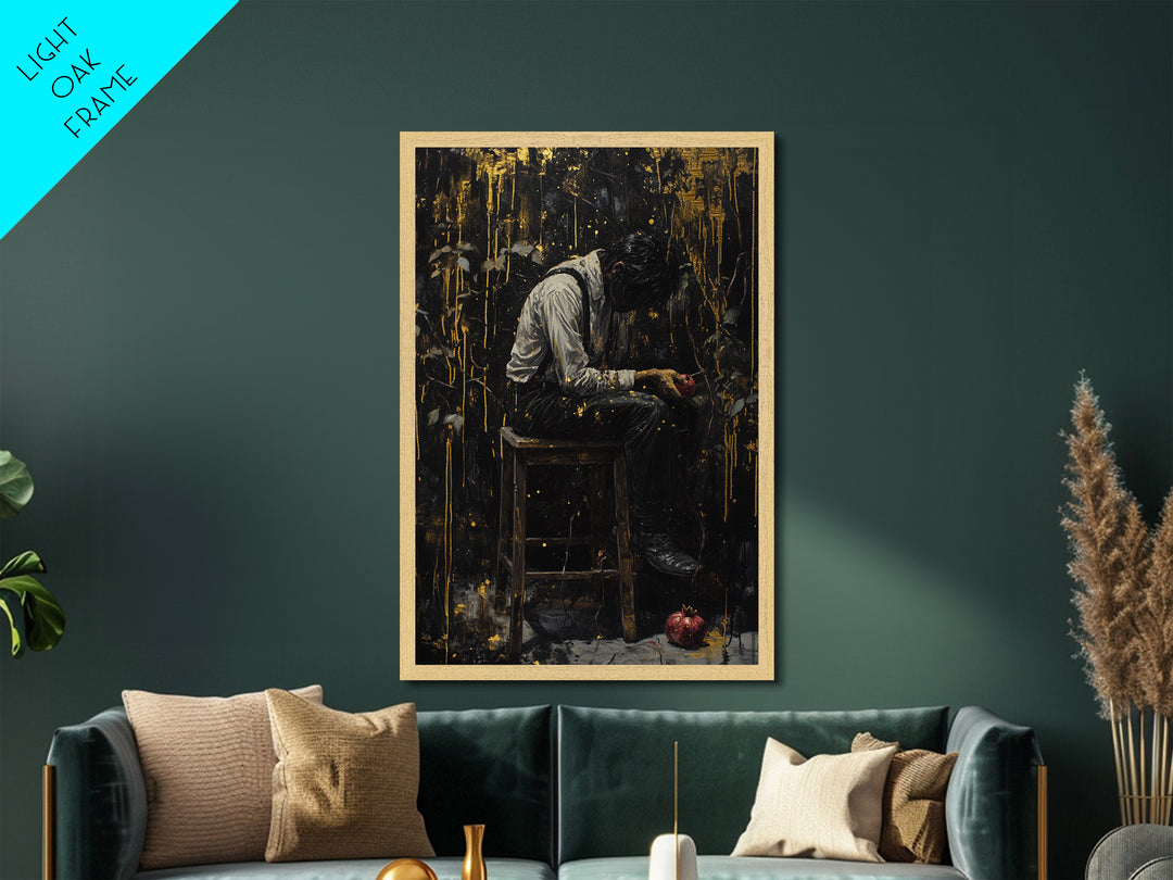 Spooky Gothic Metallic Gold Art, Dark Halloween Portrait Metal Art of Man with Pomegranate, mounted in handcrafted wood frame