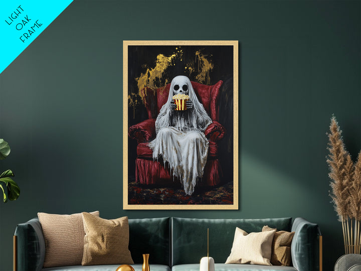 Ghostly Movie Night Metallic Gold Art, Creepy Skeleton Watching Horror Metal Art, Halloween Décor with real wood frame display