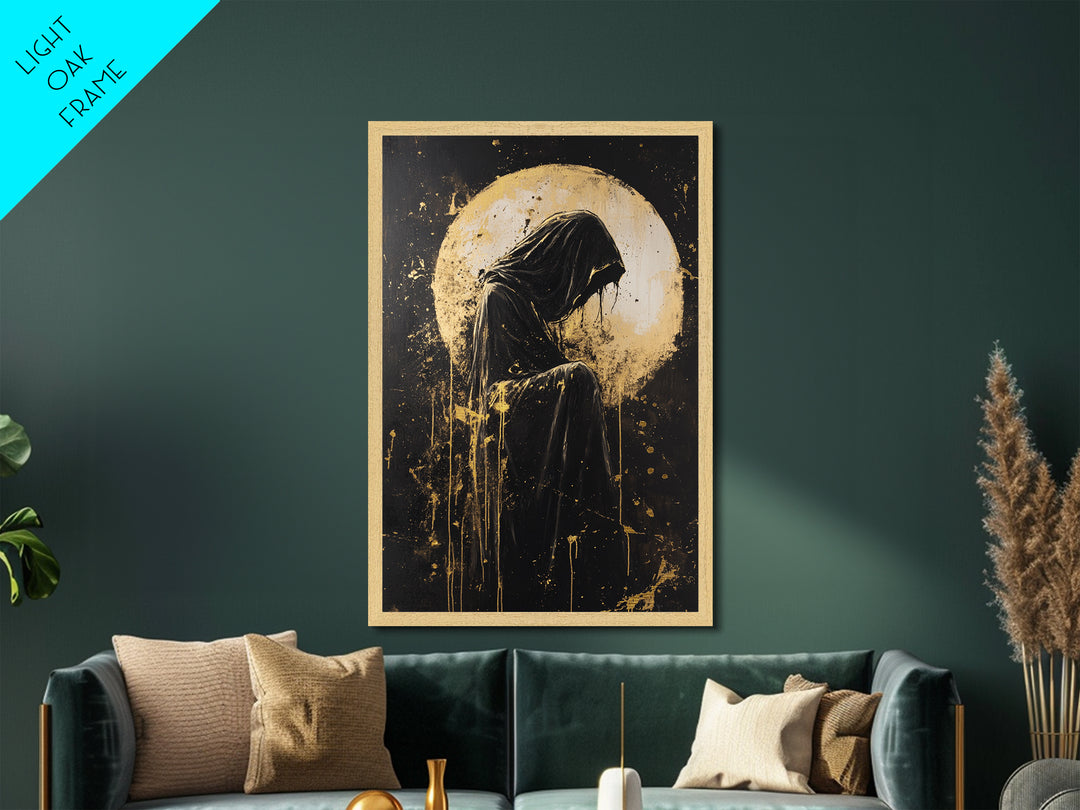 Grim Reaper Metallic Gold Art, Haunted Dark Hooded Figure Metal Art for Spooky Season, framed with natural real wood design
